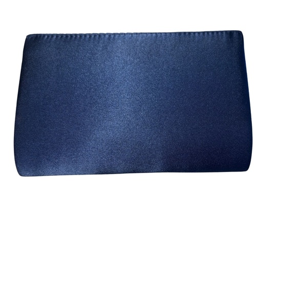 Jessica McClintock Navy Satin Pleated Clutch with Rhinestone Detail and Chain - Picture 3 of 9